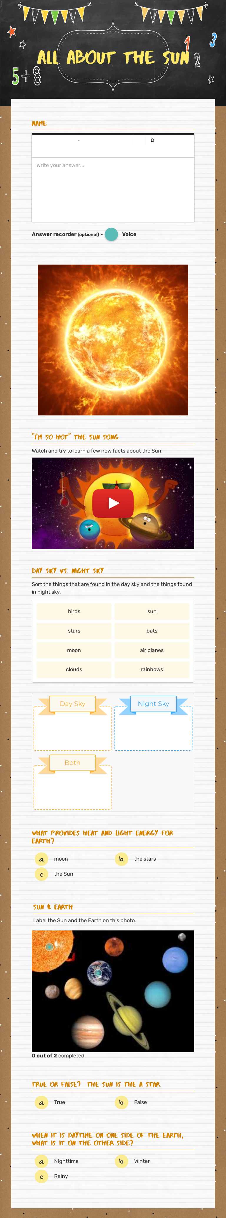 All About the sun Grade 1 worksheet preview