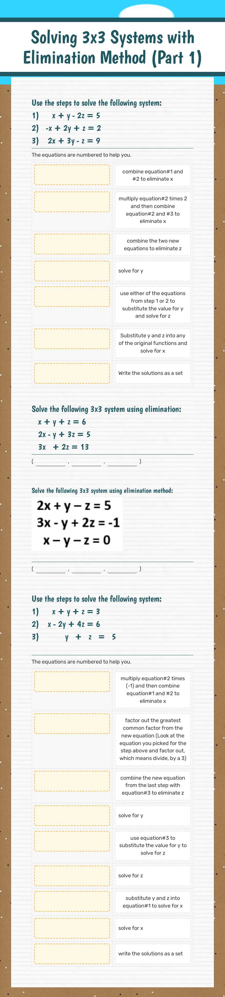 Solving 3x3 Systems
with Elimination Method (Part 1) worksheet preview image