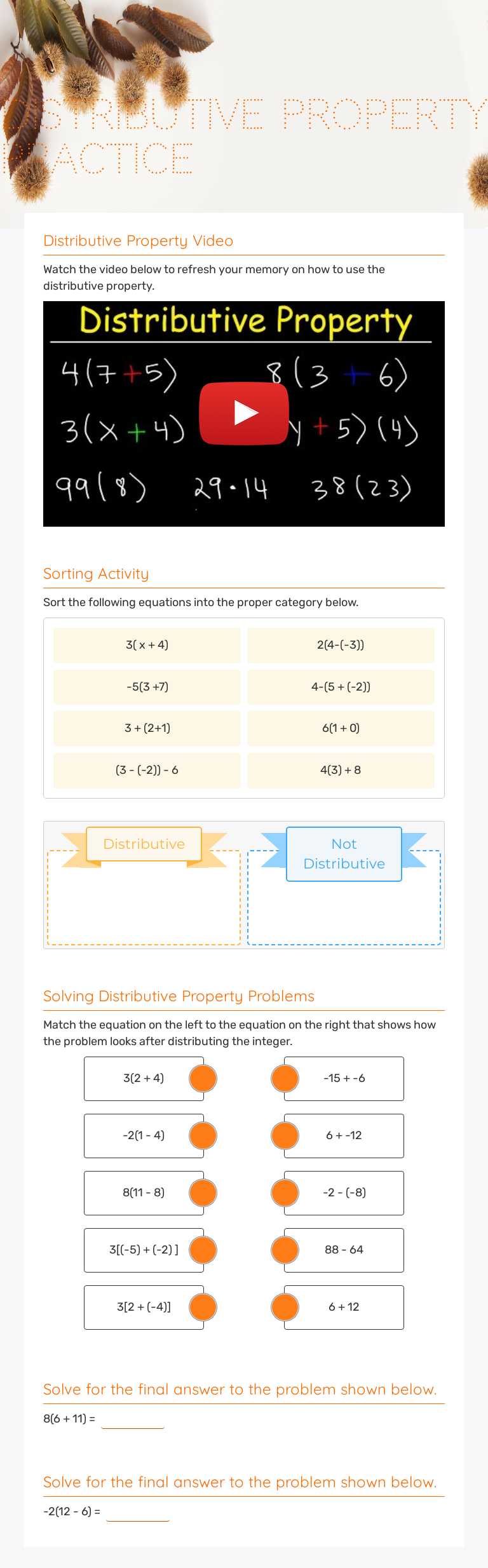 Distributive Property Practice worksheet preview image