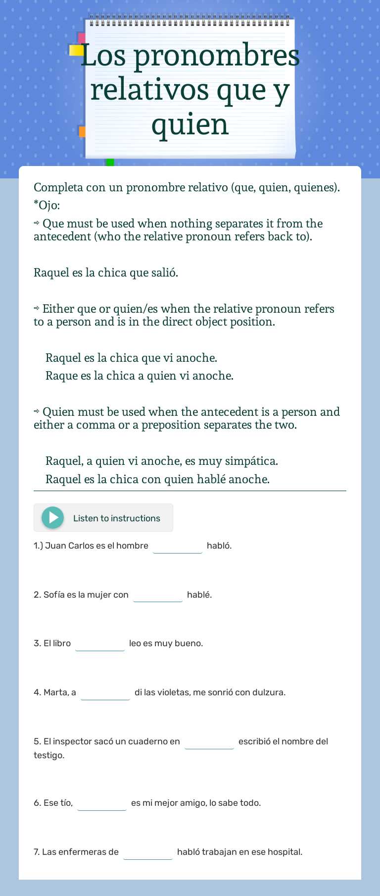 Los pronombres relativos que y quien worksheet preview image