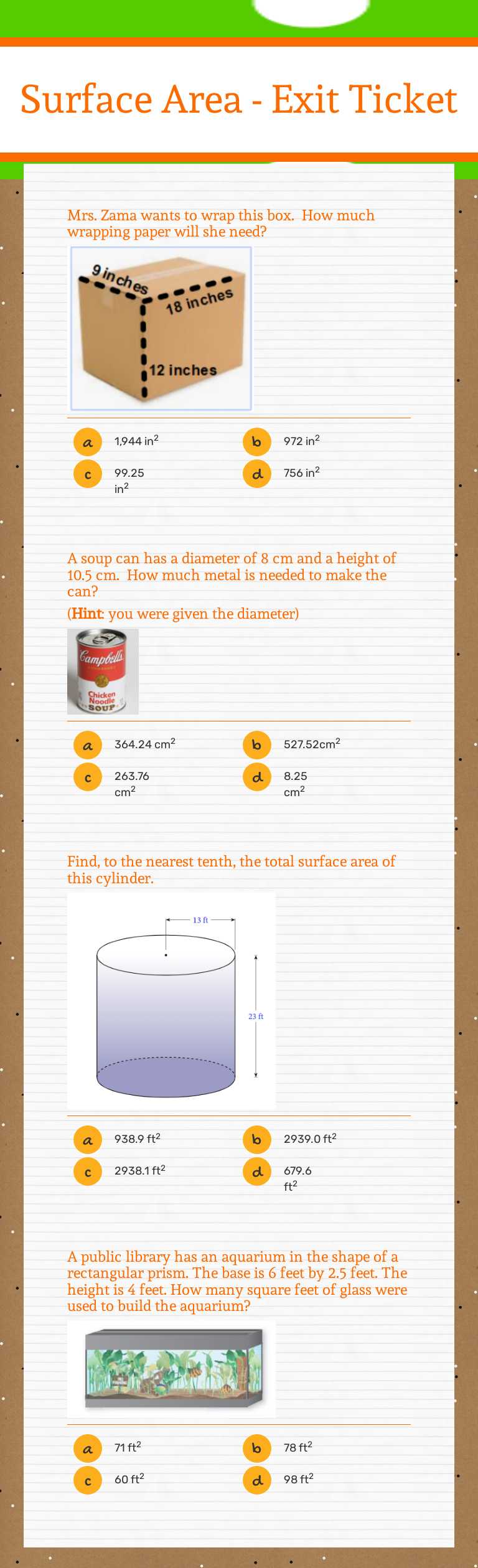 Surface Area - Exit Ticket worksheet preview image