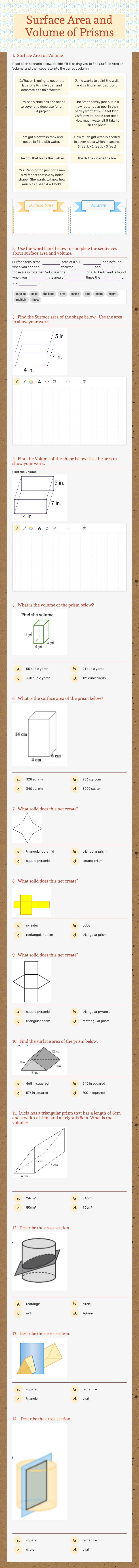 Surface Area and Volume of Prisms worksheet preview image