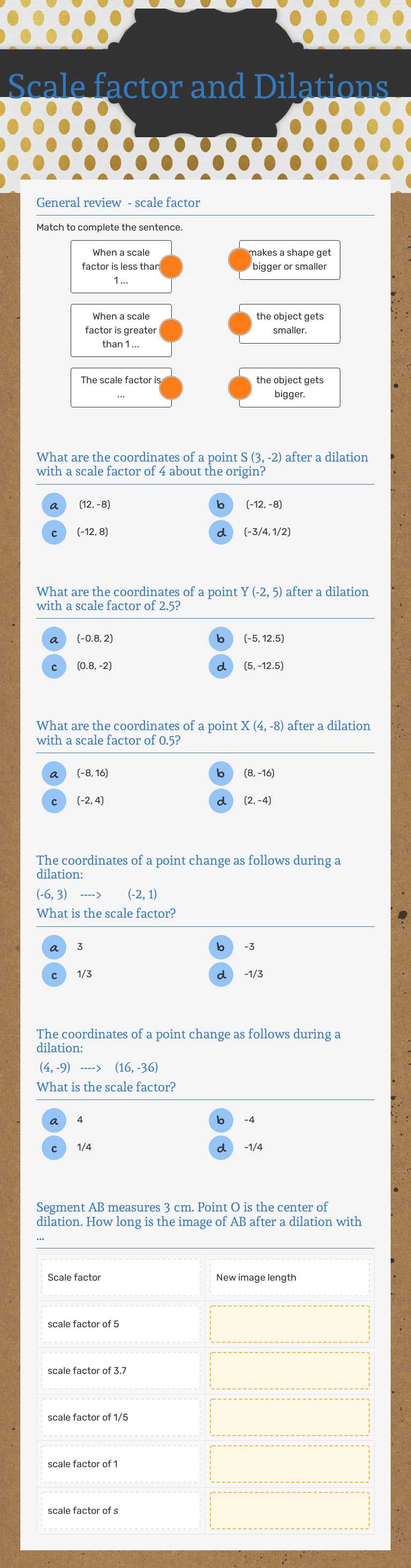 Scale factor and Dilations Grade 7 worksheet preview
