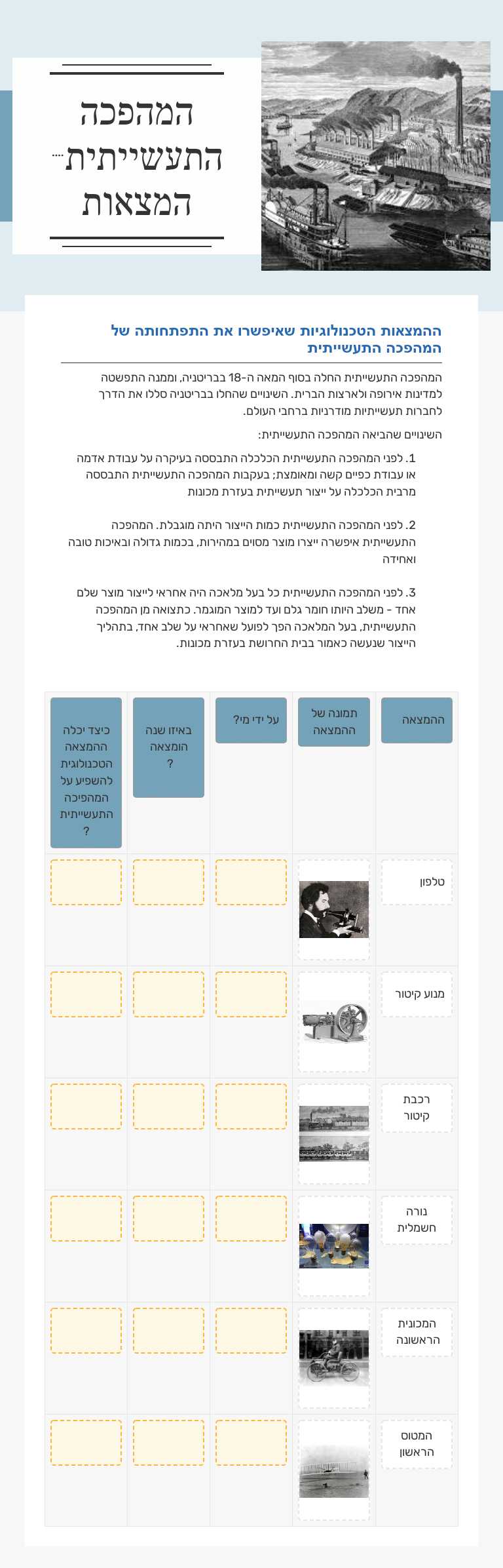 המהפכה התעשייתית- המצאות worksheet preview image