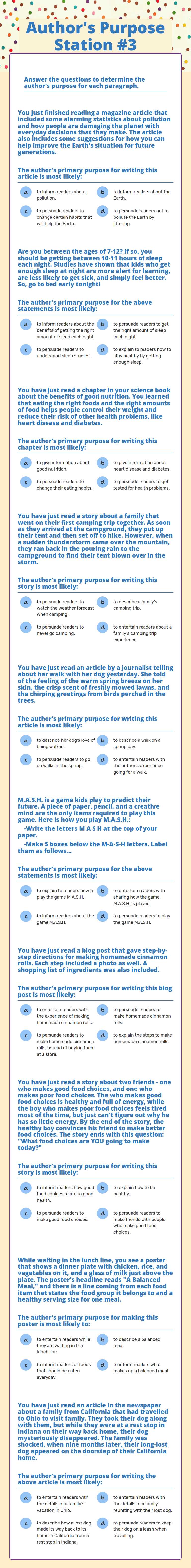Author's Purpose Station #3 worksheet preview image