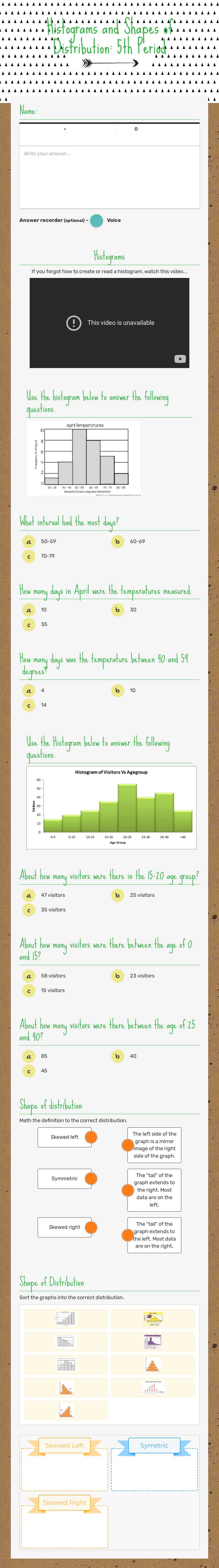 Histograms and Shapes of Distribution: 5th Period worksheet preview image