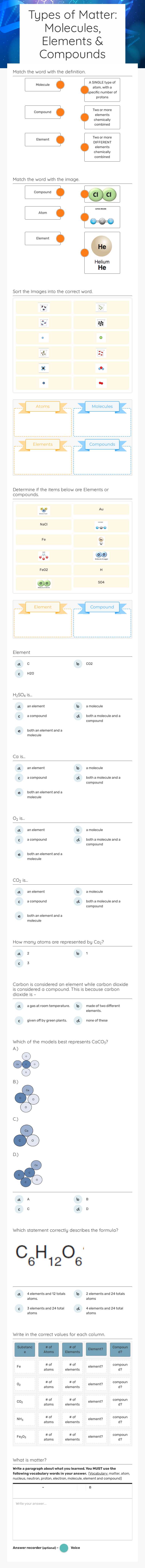 Types of Matter: Molecules, Elements & Compounds worksheet preview image