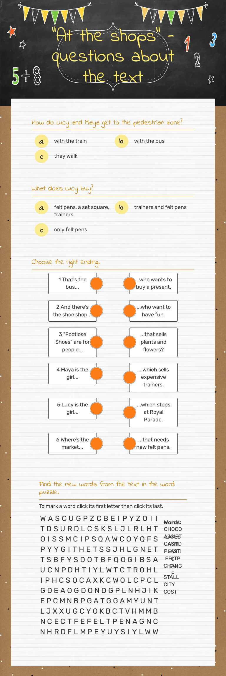 "At the shops" - questions about the text worksheet preview image