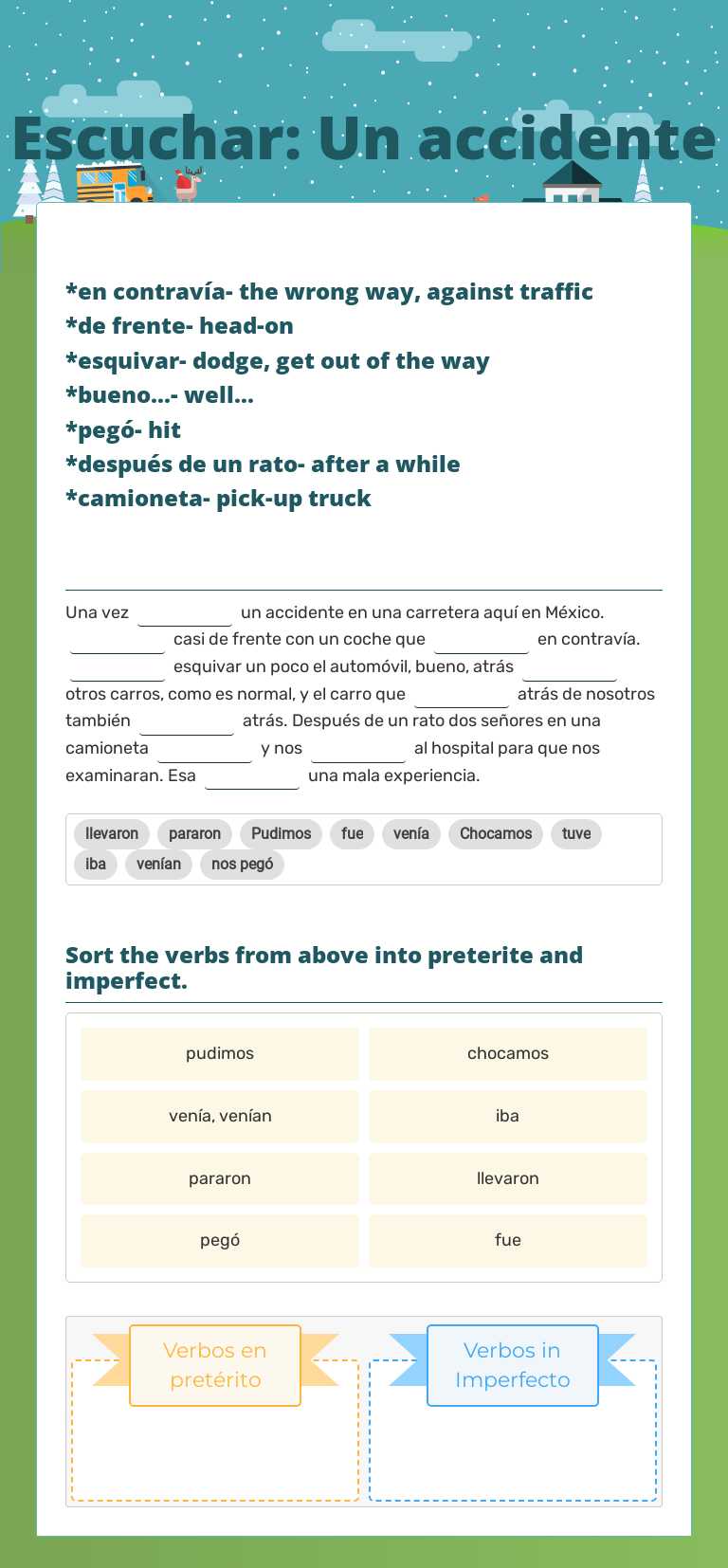 Escuchar: Un accidente worksheet preview image