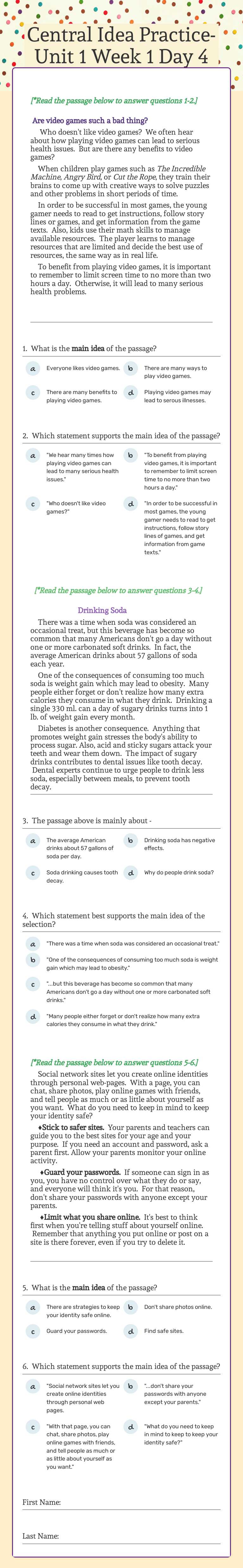 Central Idea Practice- Unit 1 Week 1 Day 4 worksheet preview image