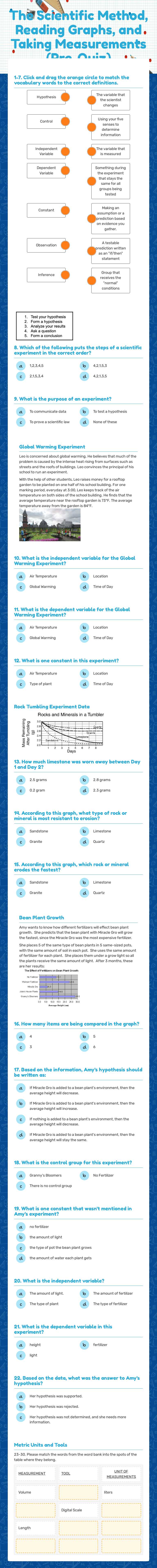 The Scientific Method, Reading Graphs, and Taking Measurements (Pre-Quiz) worksheet preview image