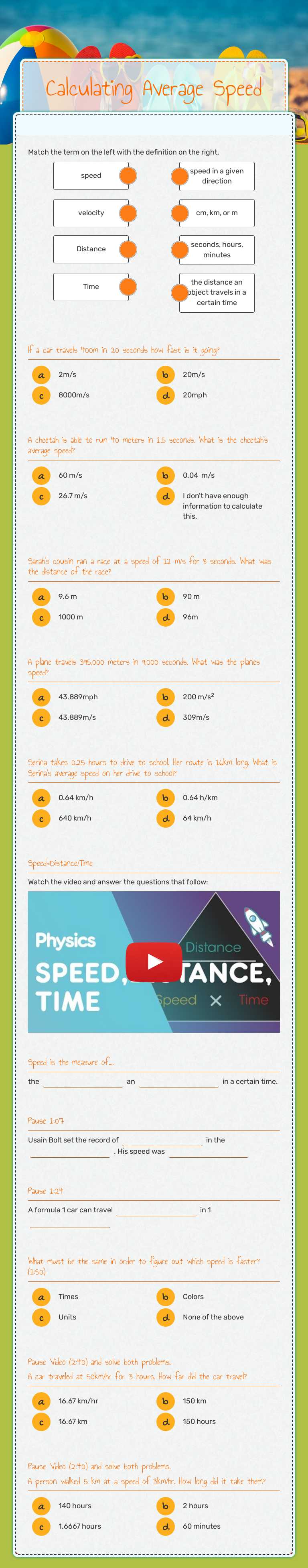 Calculating Average Speed worksheet preview image