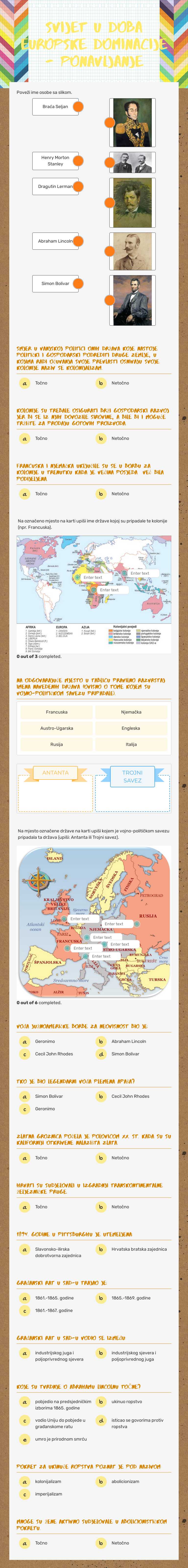 Svijet u doba europske dominacije - ponavljanje worksheet preview image