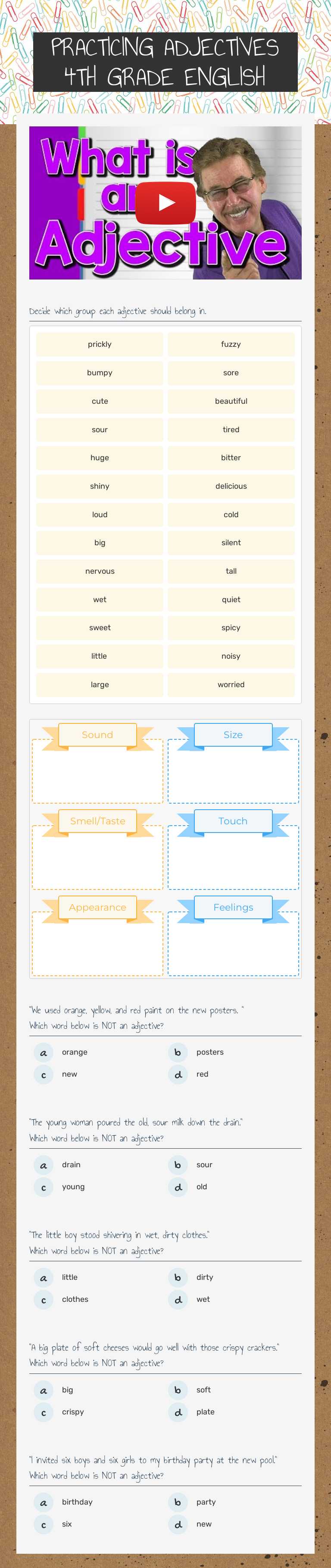 PRACTICING ADJECTIVES       4TH GRADE ENGLISH worksheet preview image