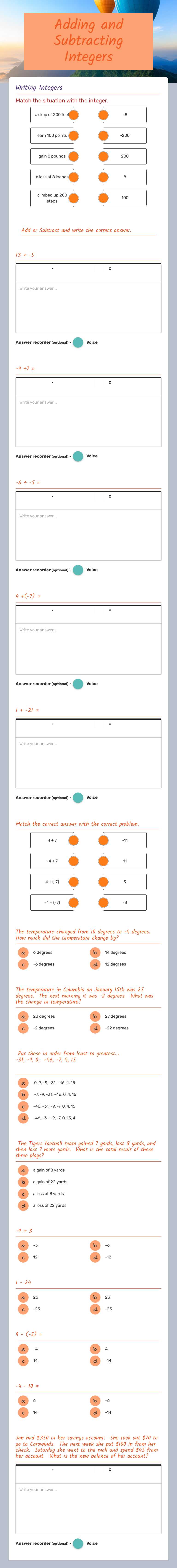 Adding and Subtracting Integers Grade 7 worksheet preview