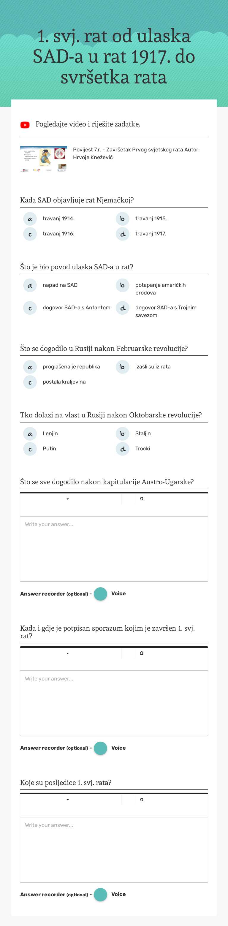 1. svj. rat od ulaska SAD-a u rat 1917. do svršetka rata Grade 7 worksheet preview