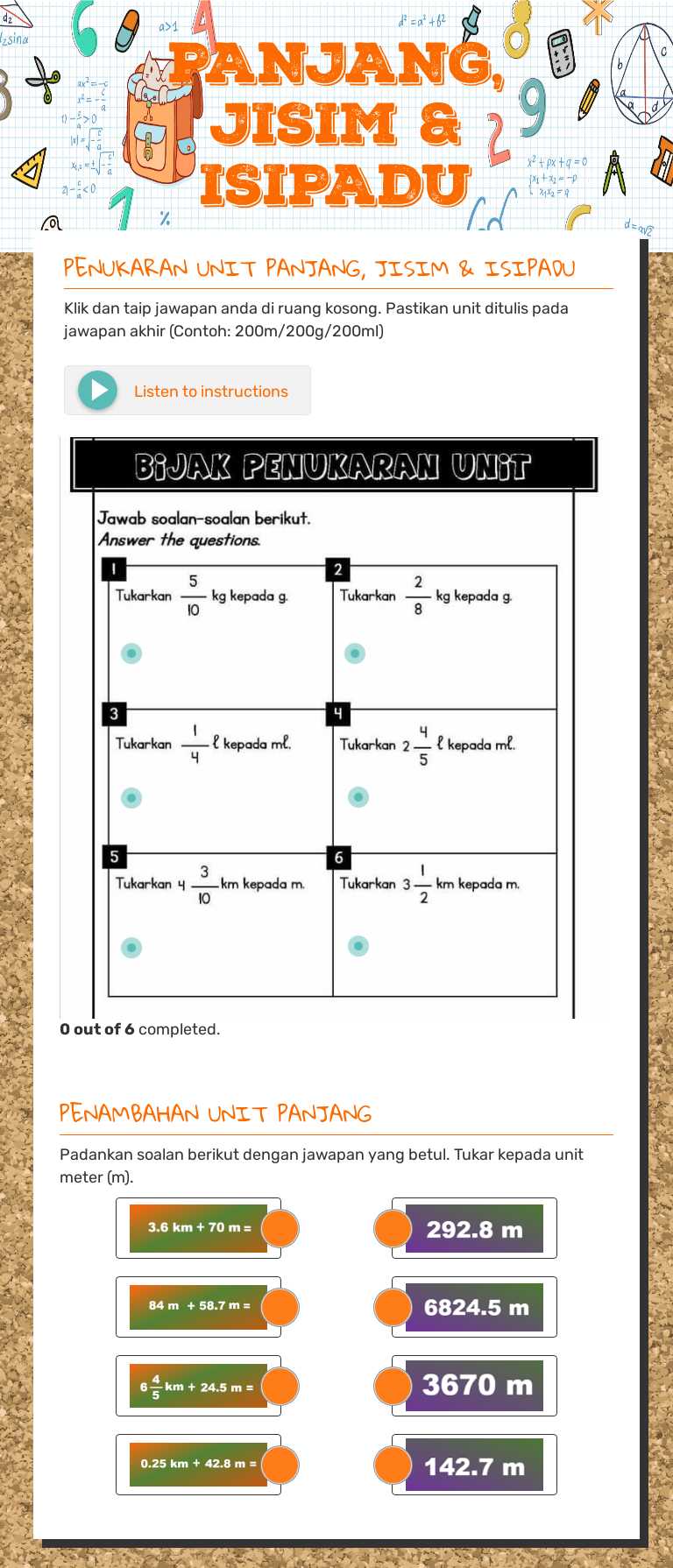 PANJANG, JISIM   & ISIPADU worksheet preview image