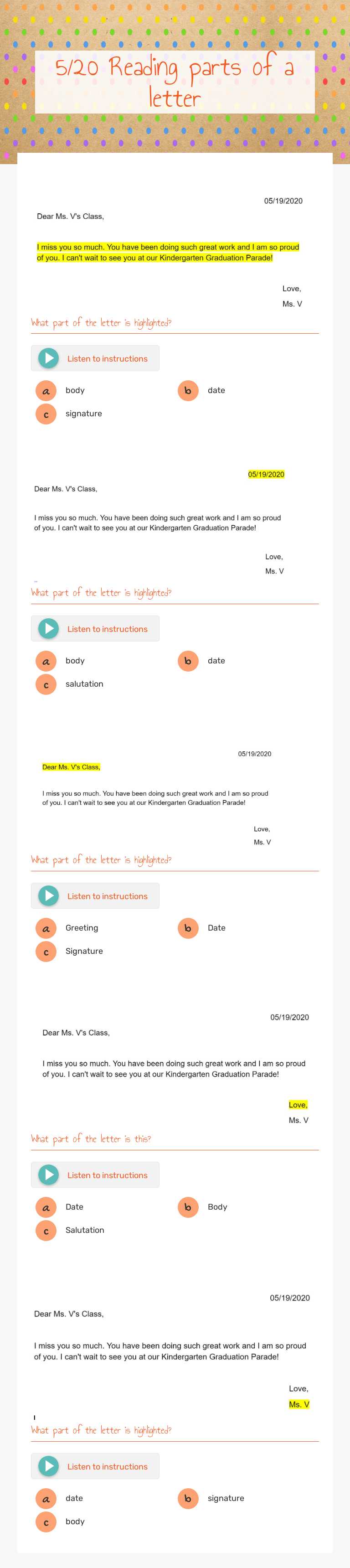 5/20 Reading parts of a letter Grade 1 worksheet preview