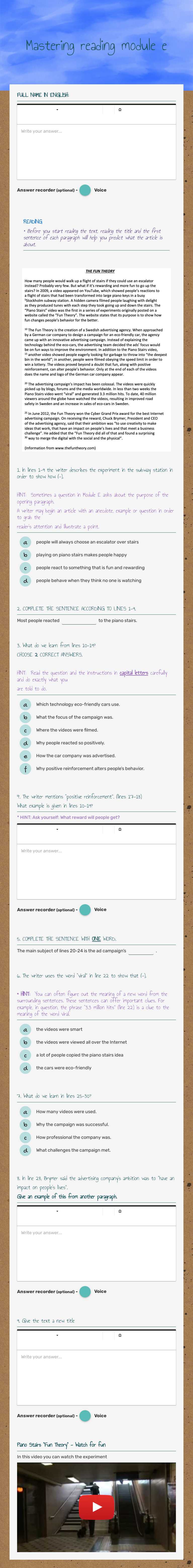 Mastering reading
module e Grade 10 worksheet preview