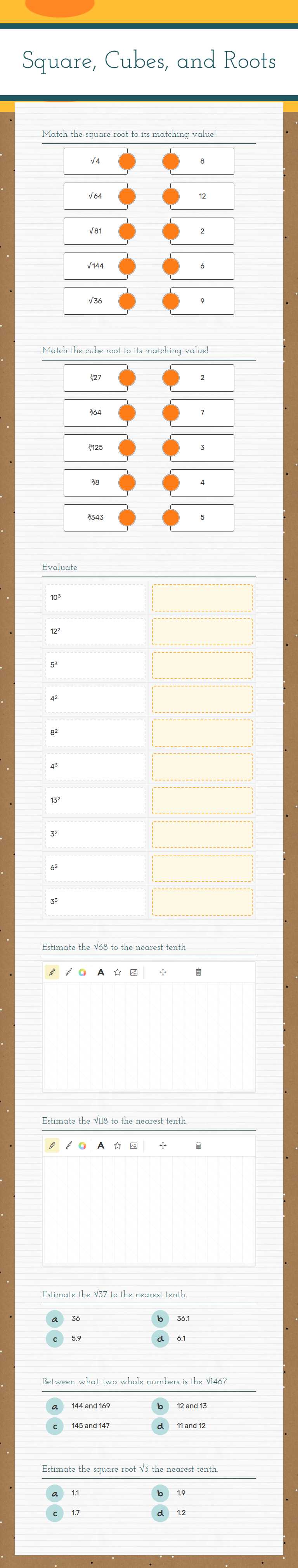 Square, Cubes, and Roots worksheet preview image