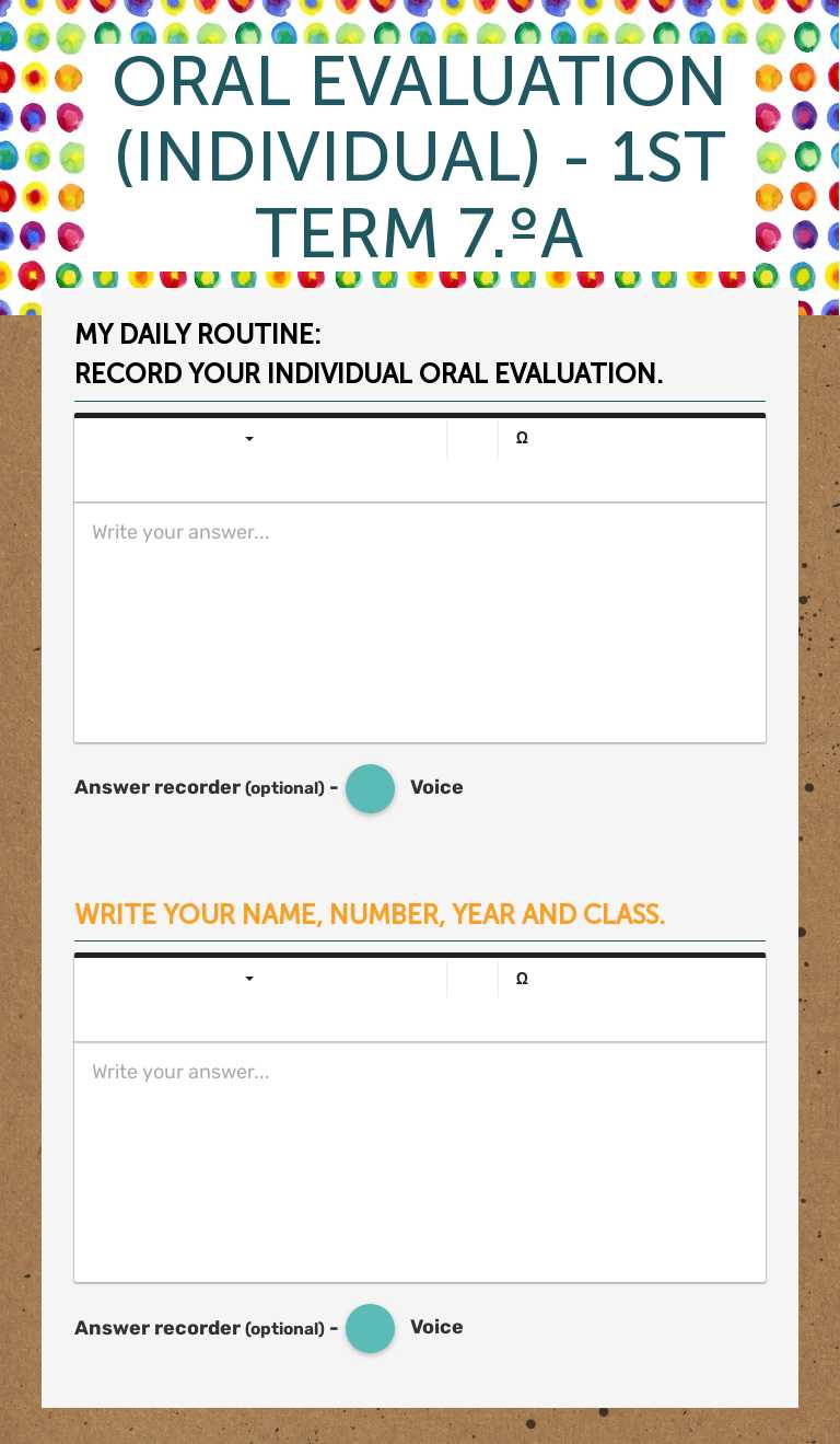 ORAL EVALUATION (INDIVIDUAL) - 1ST TERM 7.ºA Grade 7 worksheet preview