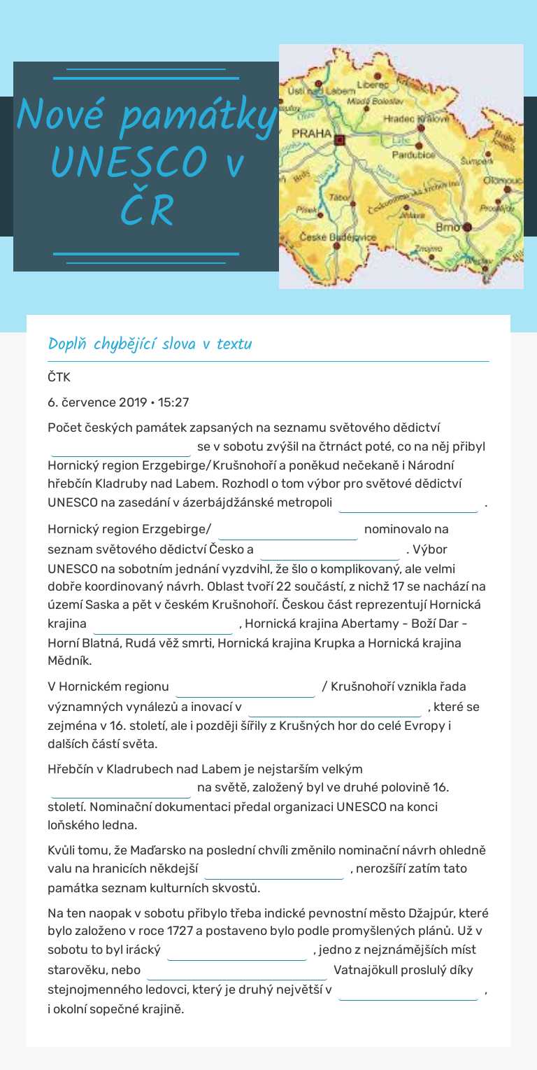 Nové památky UNESCO v ČR worksheet preview image
