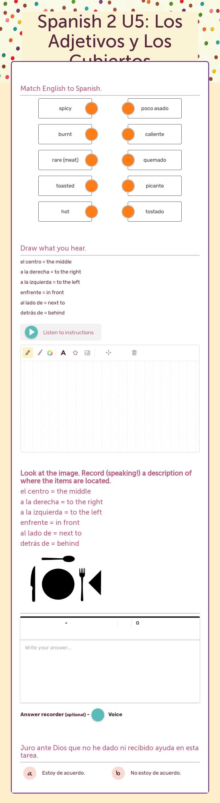 Spanish 2 U5: Los Adjetivos y Los Cubiertos worksheet preview image