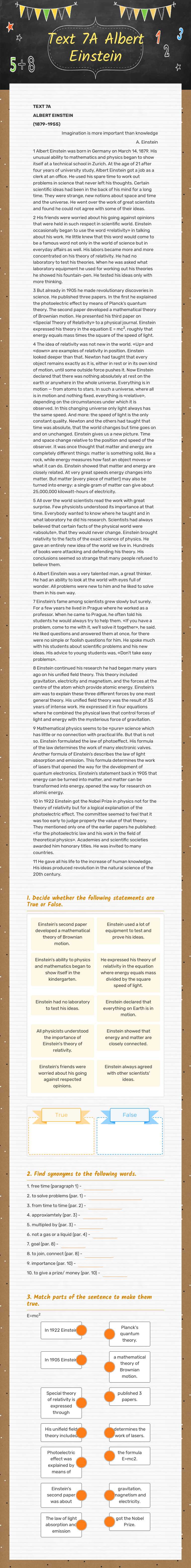 Text 7A Albert Einstein worksheet preview image