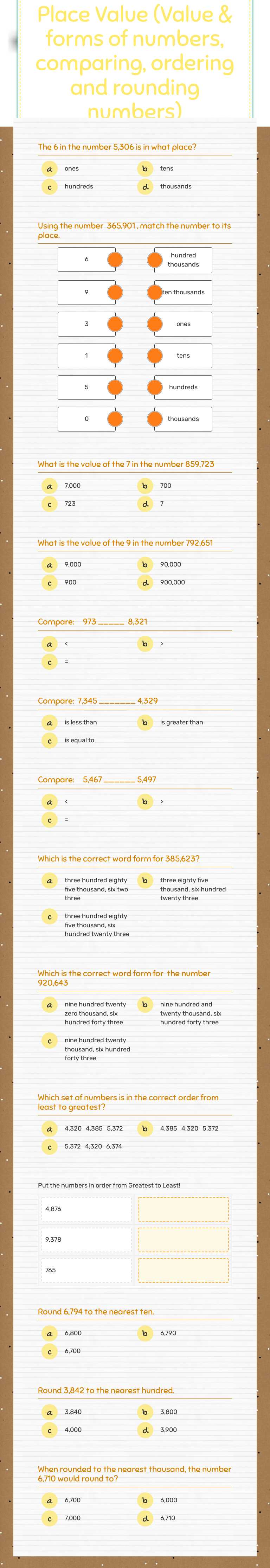Place Value (Value & forms of numbers, comparing, ordering and rounding ...