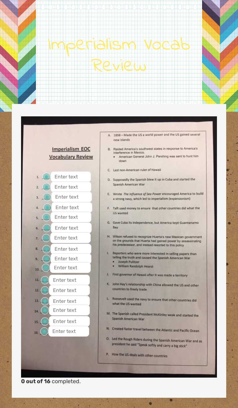 Imperialism Vocab Review Grade 10 worksheet preview