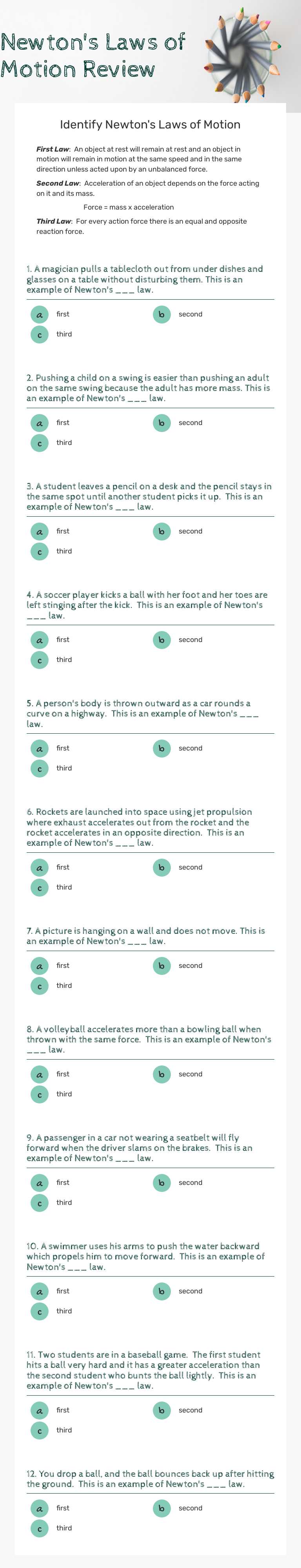 Newton's Laws of Motion Review worksheet preview image