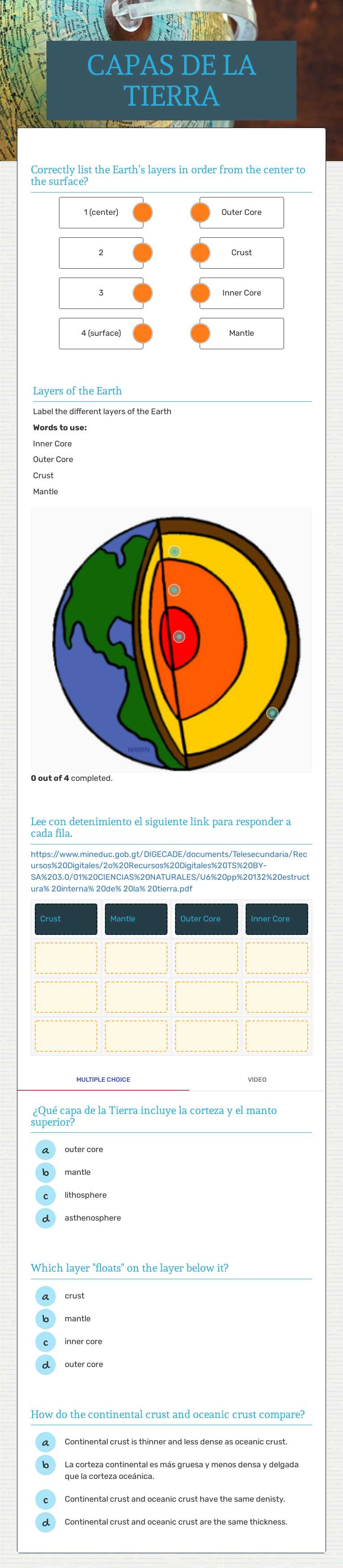 CAPAS DE LA TIERRA Grade 6 worksheet preview