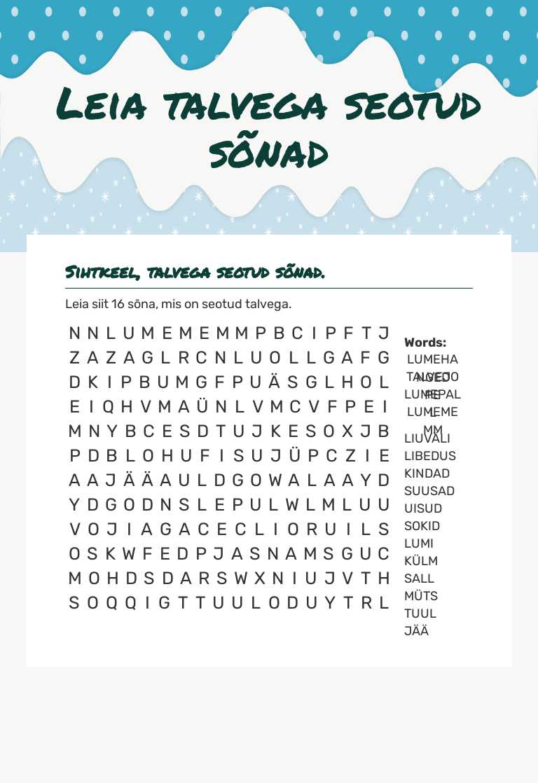 Leia talvega seotud sõnad worksheet preview image