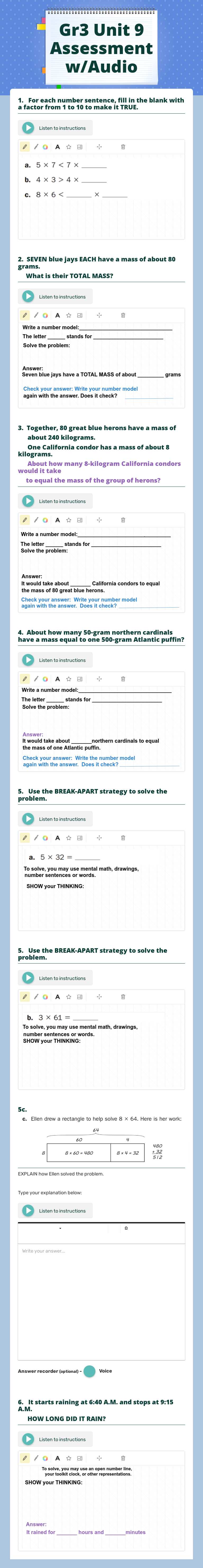 Gr3 Unit 9 Assessment w/Audio worksheet preview image