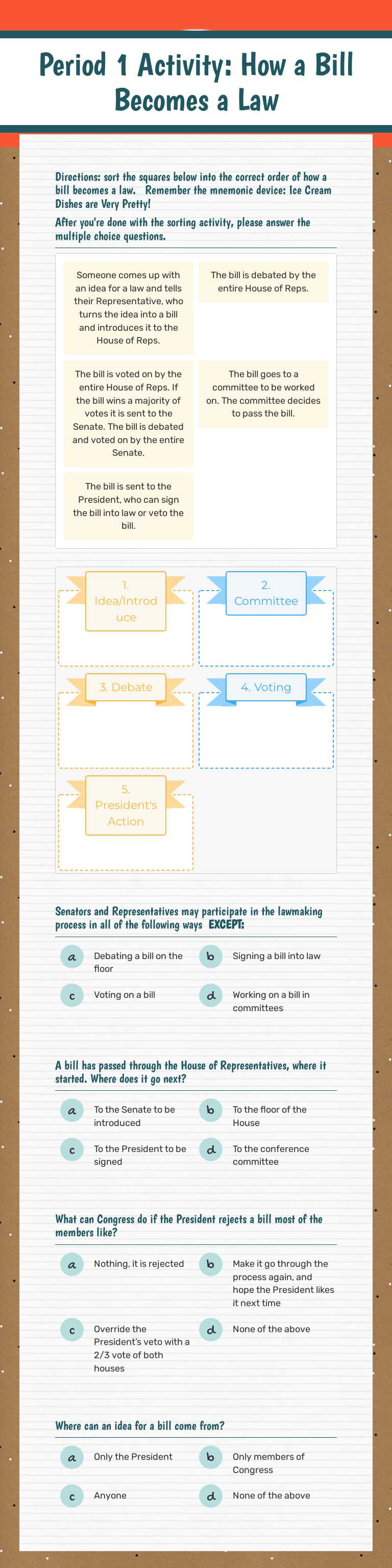 Period 1 Activity: 
How a Bill Becomes a Law Grade 8 worksheet preview