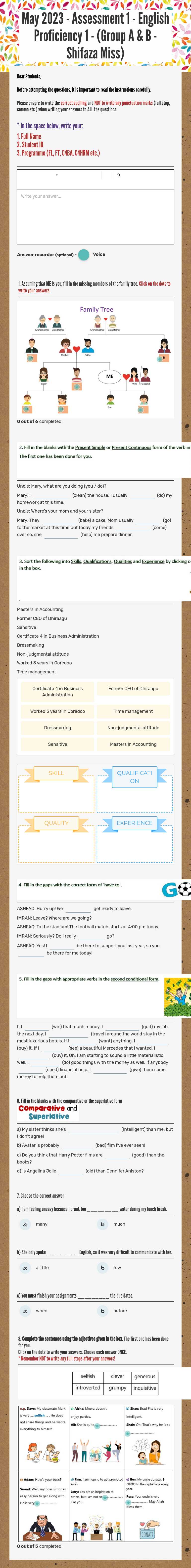 May 2023 - Assessment 1 -
English Proficiency 1 - (Group A & B - Shifaza Miss) worksheet preview image