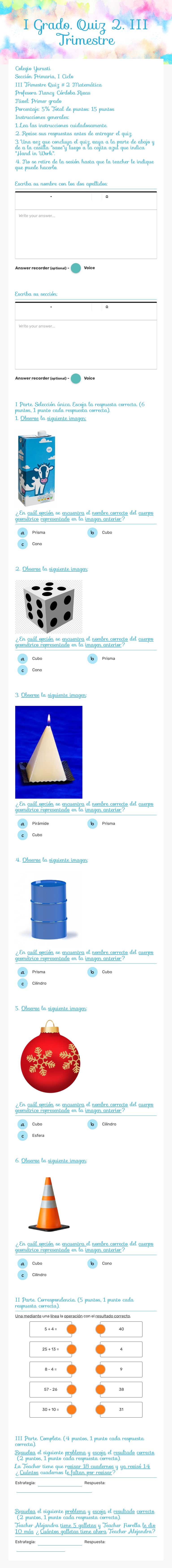 I Grado. Quiz 2. III Trimestre Grade 1 worksheet preview