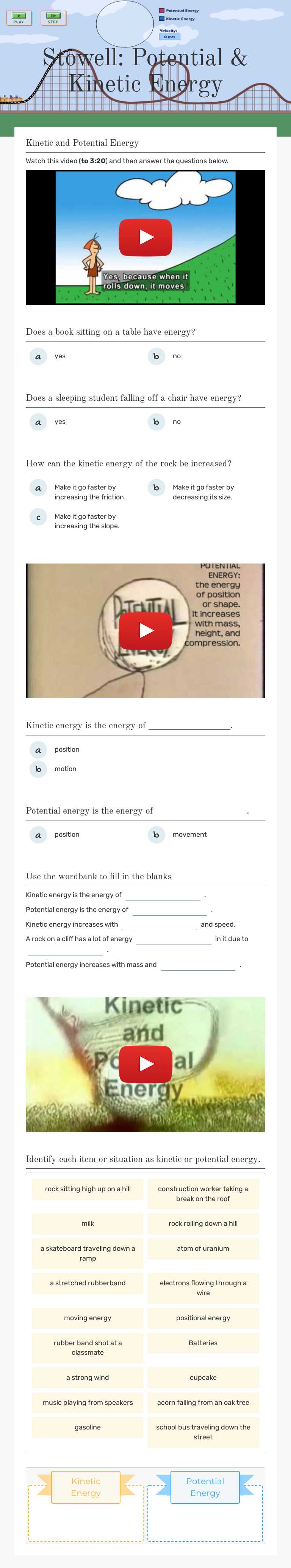 Stowell: Potential & Kinetic Energy worksheet preview image