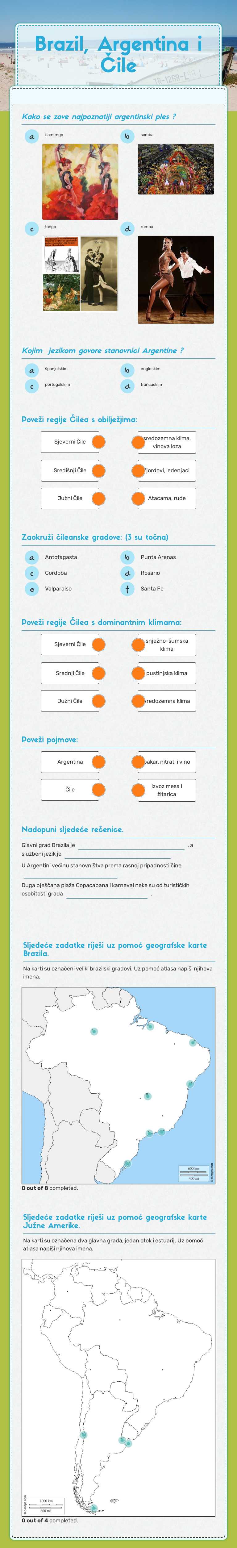 Brazil, Argentina i Čile worksheet preview image