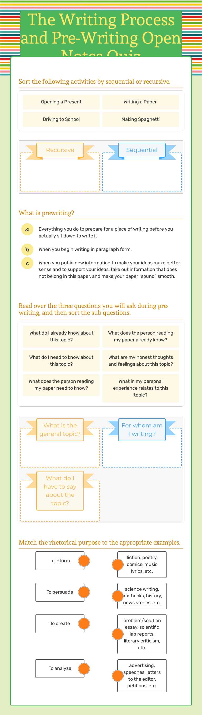 The Writing Process and Pre-Writing Open Notes Quiz worksheet preview image