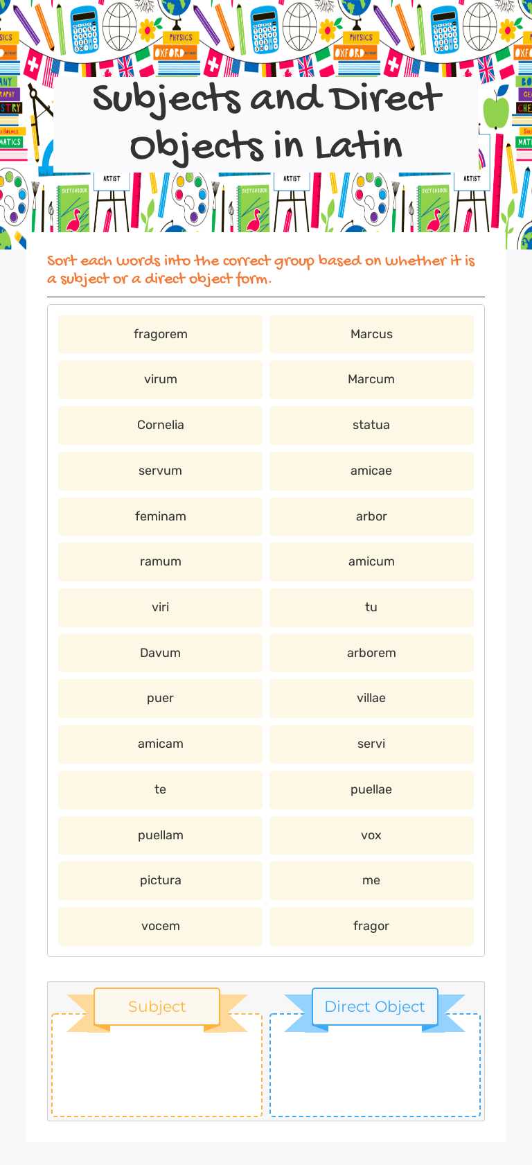 Subjects and Direct Objects in Latin worksheet preview