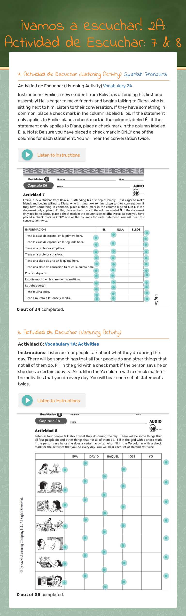 ¡Vamos a escuchar! 2A: Actividad de Escuchar: 7 & 8 worksheet preview image