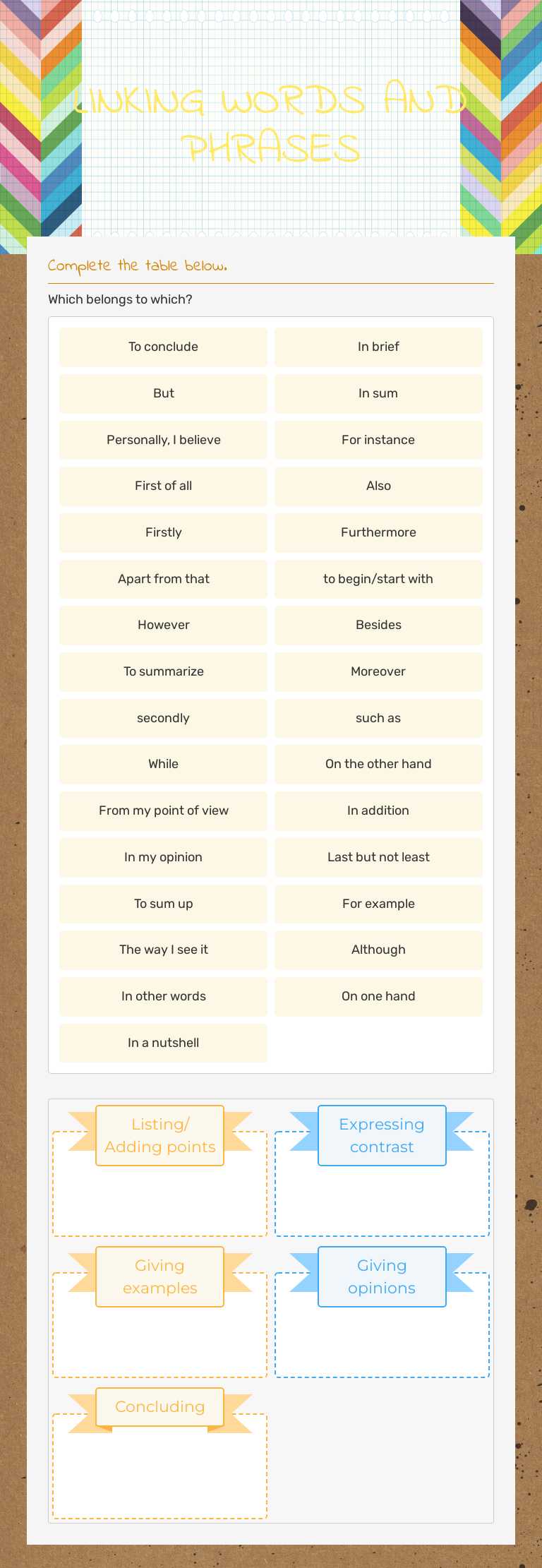 LINKING WORDS AND PHRASES worksheet preview image