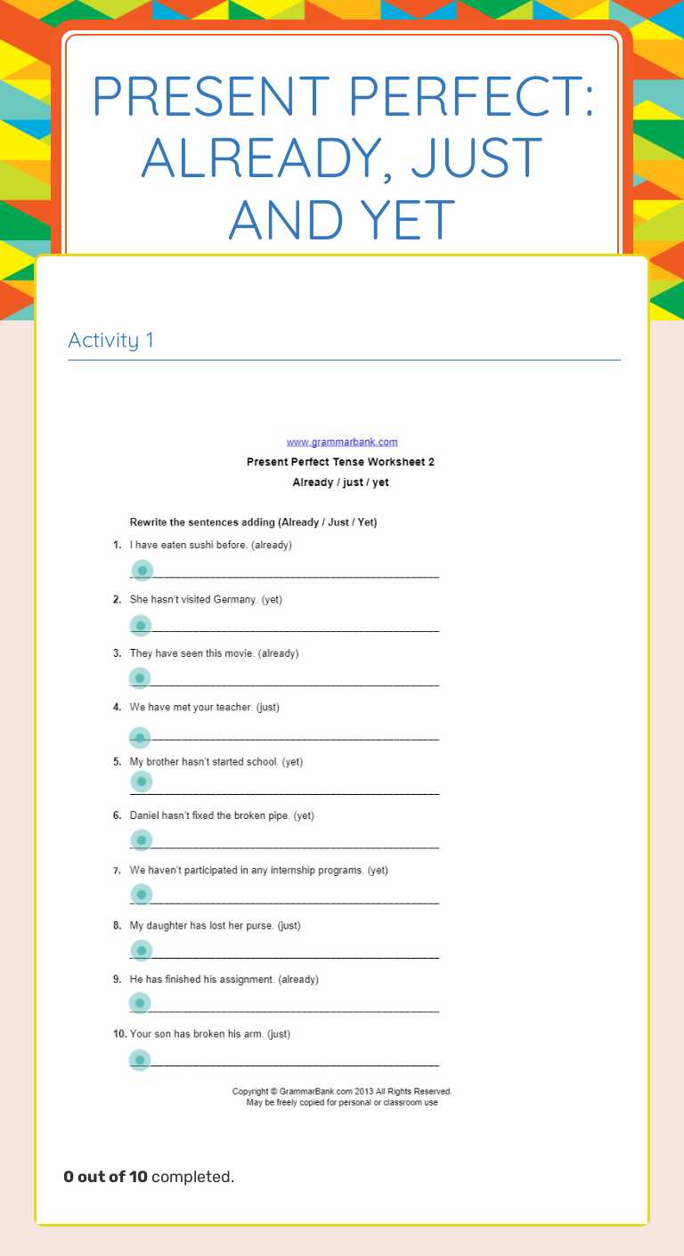 Present Perfect: Already, just and Yet worksheet preview image