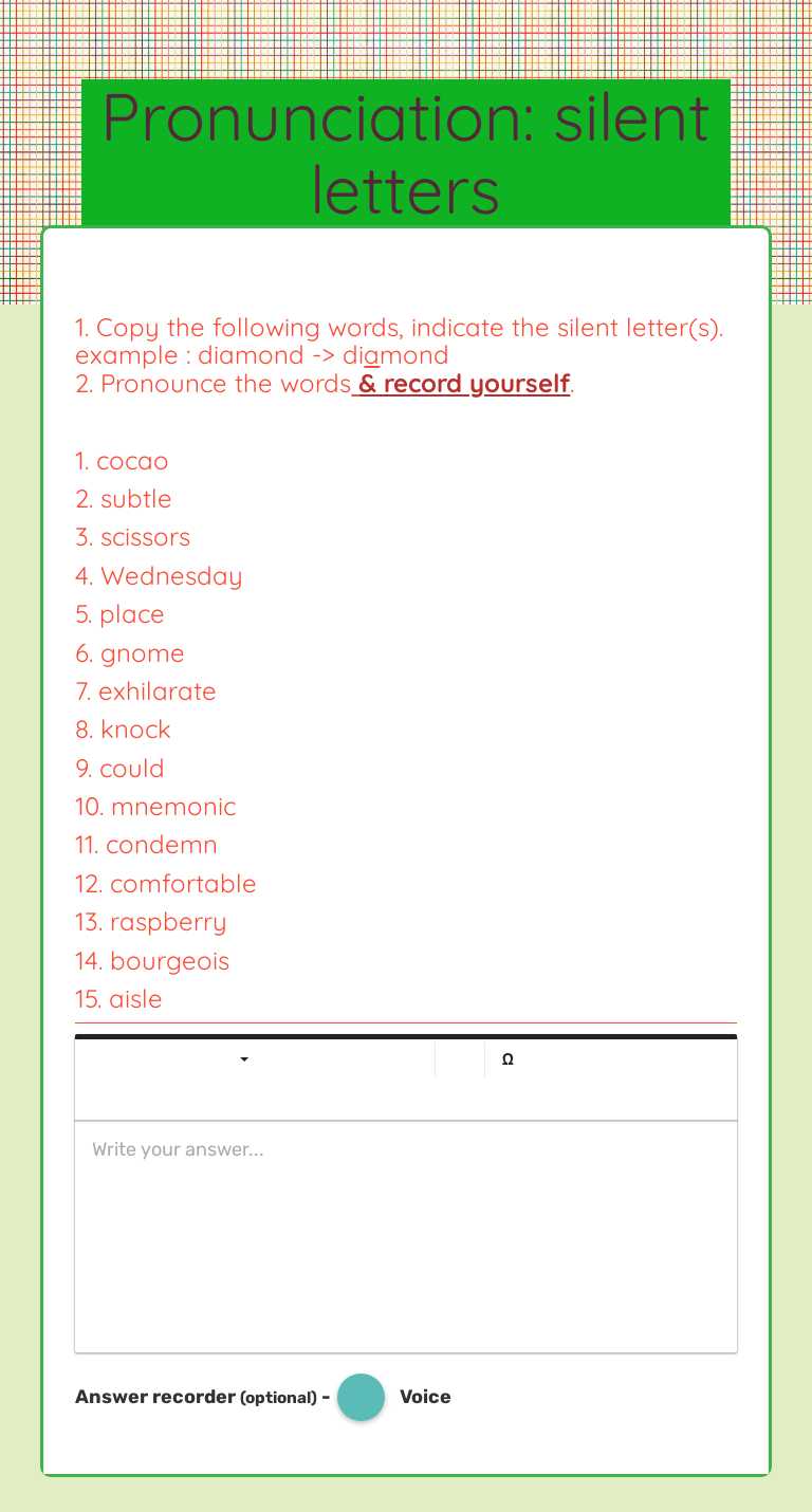 Pronunciation: silent letters worksheet preview image