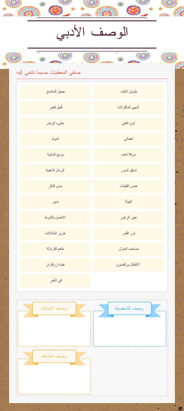 الوصف الأدبي Grade 11 worksheet preview