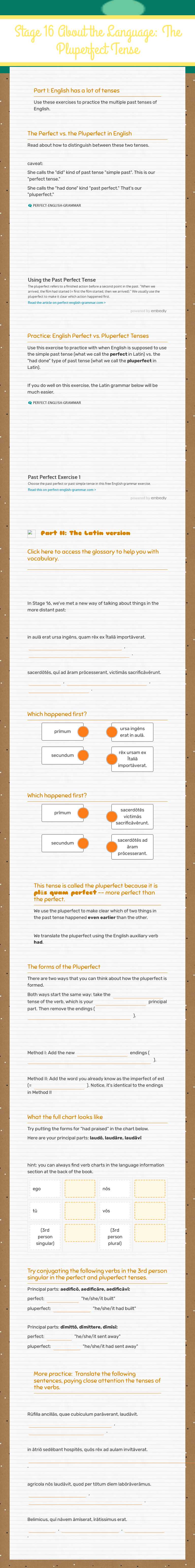 Stage 16 About the Language:
 The Pluperfect Tense Grade 10 worksheet preview