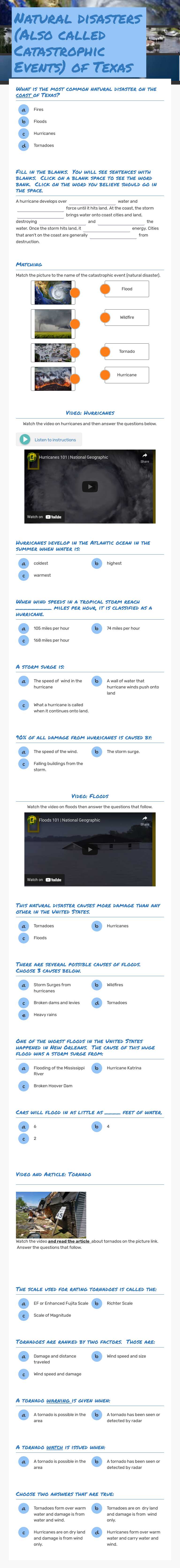 Natural disasters 
 (Also called Catastrophic Events) of Texas worksheet preview image