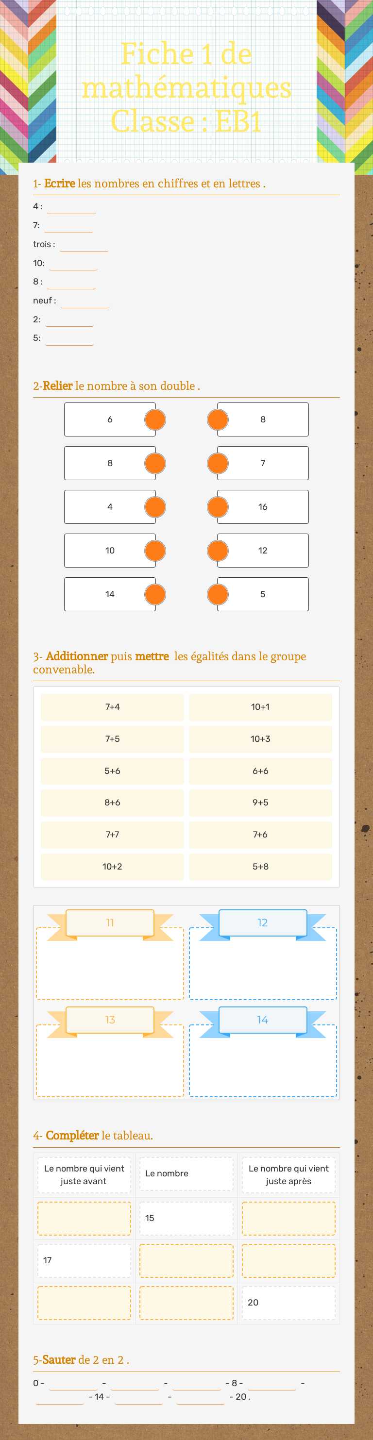 Fiche 1 de mathématiques  Classe : EB1 worksheet preview image