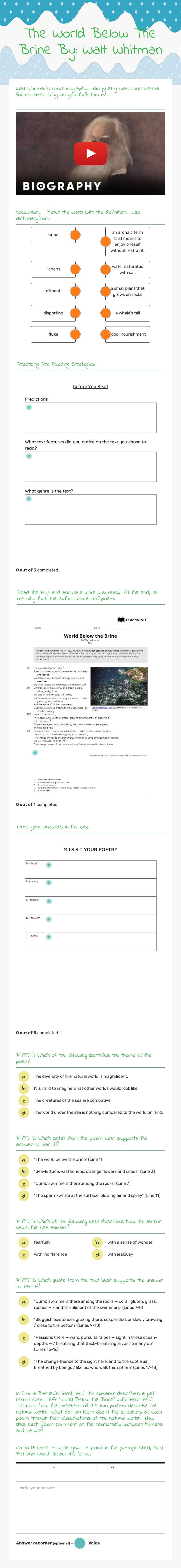 The World Below The Brine       By: Walt Whitman Grade 7 worksheet preview